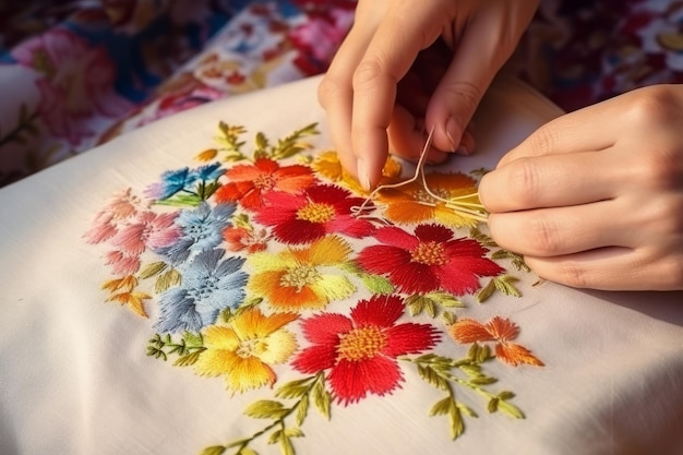 Hands embroidering floral pattern